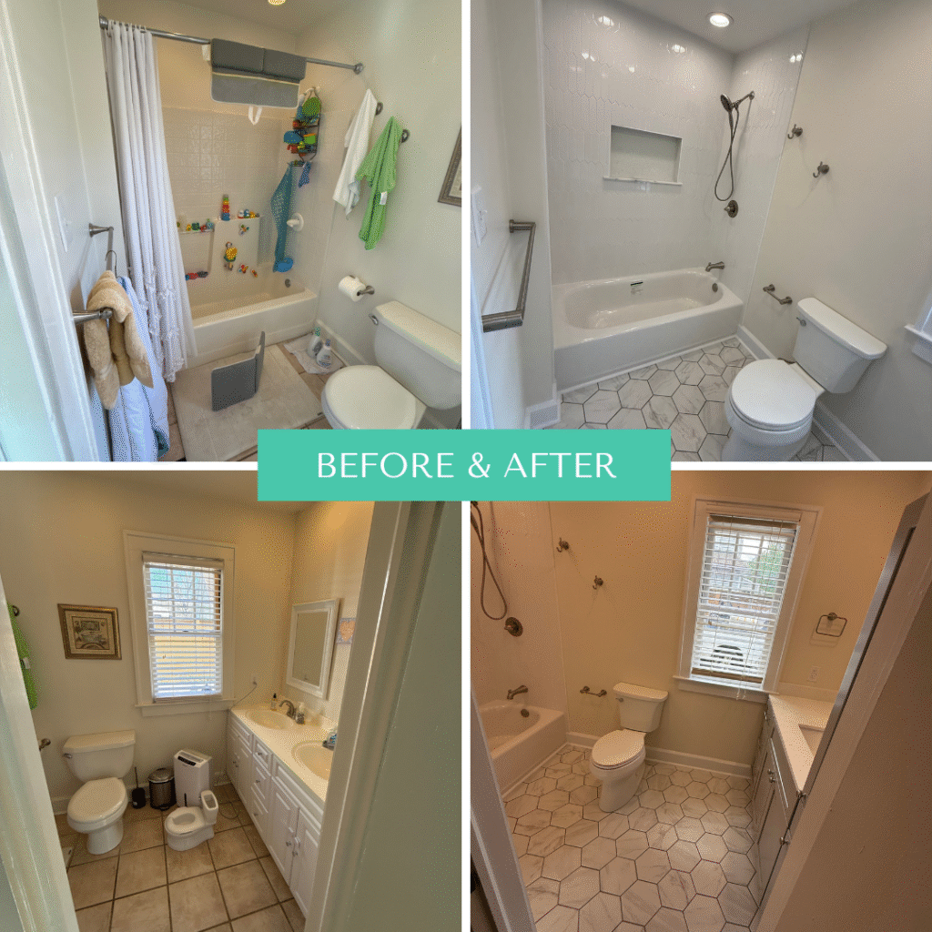 Before and after bathroom remodel in Indianapolis IN showing full renovation with new tile, vanity, and lighting by Insta Pro Construction.